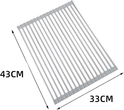 Roll Up Dish Drying Rack Over The Sink.Foldable Kitchen Drainer,Fully Silicone Cover Stainless Steel Bar,Heat-Resistant, Anti-Slip Sink Rack for Kitchen Counter Multipurpose.