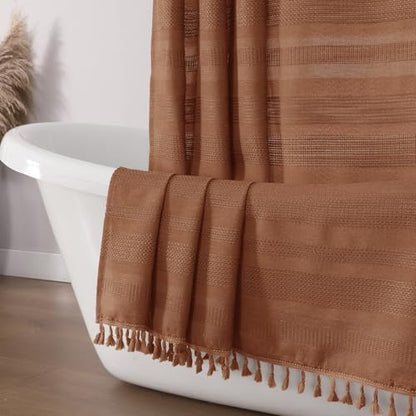 OVZME Terracotta Shower Curtain for Bathroom - Farmhouse Linen Textured Shower Curtain with Tassel, Rustic Striped Heavy Duty Vintage Country Bathroom Curtain, 72Wx72L Inches
