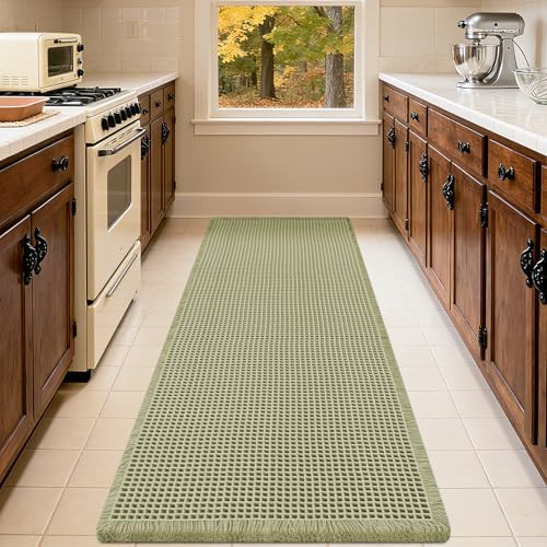 IM HOME Waffle Runner Rug Green 5'x2', Boho Woven Modern Bath Mat Rugs, Absorbent Non Slip Bathroom Rugs, Soft Washable Bath Rugs with Tassels for Bathroom, Bedroom, Kitchen, Shower, Tub