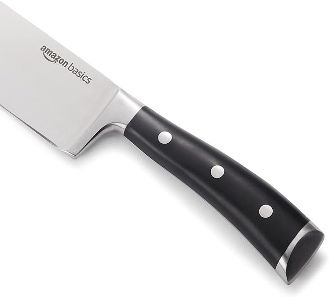Amazon Basics Classic 8-inch Full Tang High Carbon Stainless Steel Chef's Knife, Multipurpose Kitchen Knife with Three Rivets, Silver