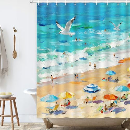 Summer Shower Curtain, Oil Painting Beach Ocean Shower Curtain Coastal Nautical Scene Seaside Seacoast Waterproof Fabric Bathroom Decor, Vacation Themed Bath Curtain for Home, Hotel & Resort