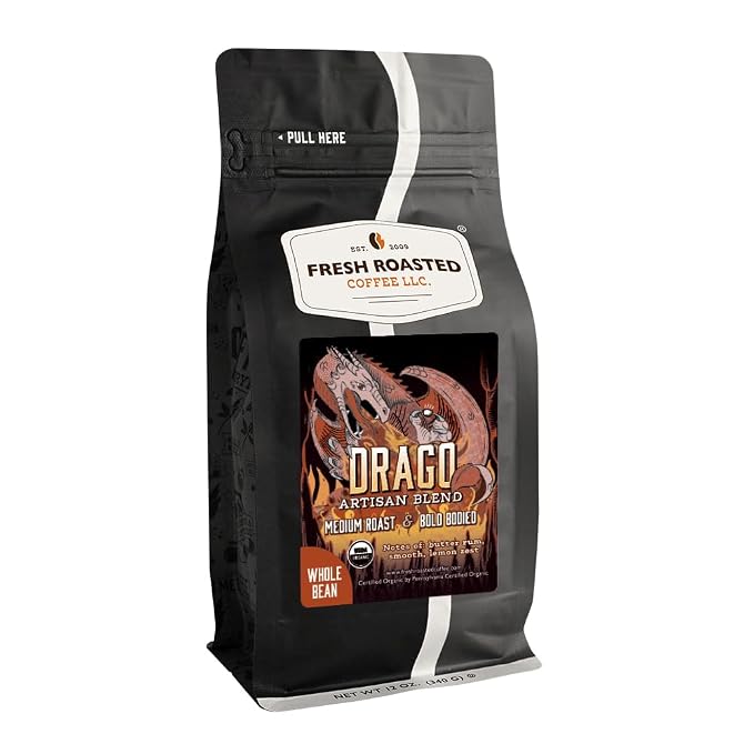 Fresh Roasted Coffee, Organic Drago Café Blend Whole Bean Coffee, Medium Roast, USDA Organic, Kosher, 12 oz