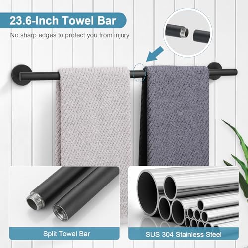 TQKAG Matte Black Bathroom Hardware Set 5 Pieces, SUS304 Stainless Steel Towel Bar Set Round Bathroom Towel Rack Set Wall Mounted