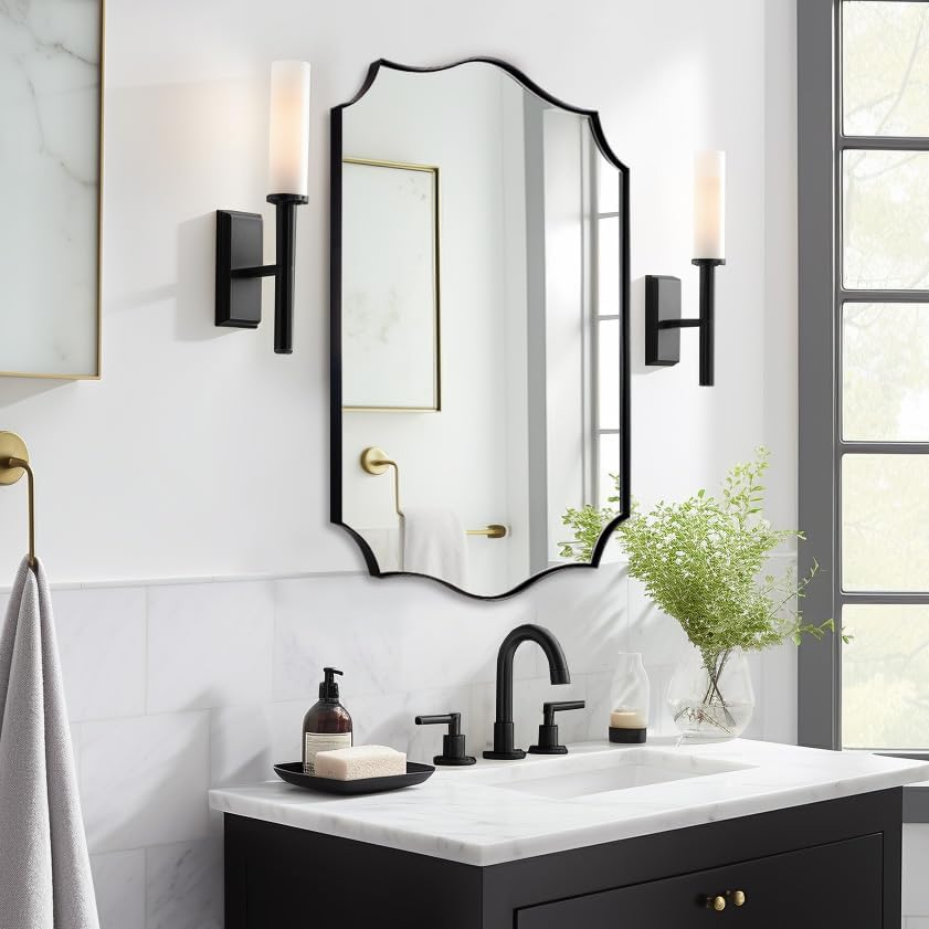 ANDY STAR 22x30 Inch Matte Black Bathroom Mirror, Scalloped Wall Mirror