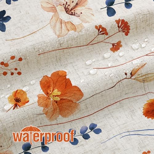 Gibelle Orange Navy Linen Watercolor Floral Fabric Shower Curtain, 72x72