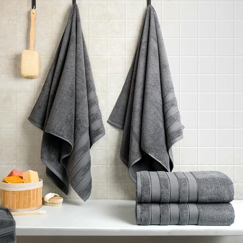 American Soft Linen Salem 100% Cotton Turkish 4 Piece Bath Towels for Bathroom, 600 GSM Soft Absorbent Quick Dry Bath Towel Set, Dark Gray