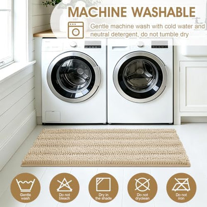 ACCUMTEK Striped Beige Bathroom Rug Mat Set 2 piece 24"x17"+48"x20" Ultra Soft, Non Slip Chenille Bath Rugs, Absorbent Plush Shaggy Bath Mats for Bathroom, Bedroom, Kitchen, Shower, Tub