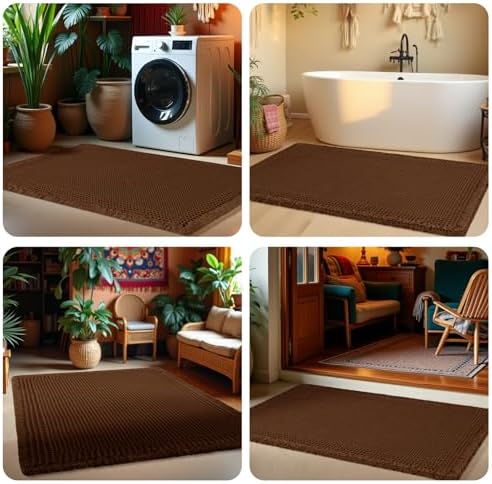 Extra Large Waffle Bath Mat, Boho Woven Modern Bath Rug Absorbent Non Slip, Ultra Soft Bathroom Mats, Machine Washable Knit Bath Rugs with Tassels for Bathroom, Bedroom, Kitchen, Shower, 6'x2', Brown