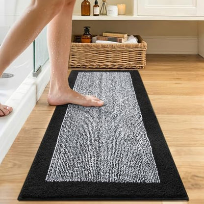 48x17 Long Bathroom Rugs Non Slip Washable, Soft Absorbent Bath Mat Black