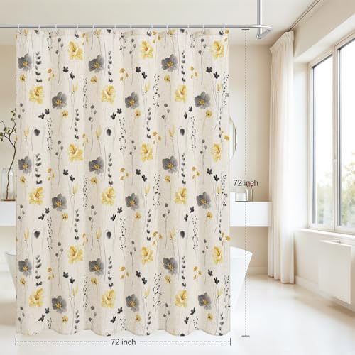 Gibelle Yellow Linen Watercolor Floral Fabric Shower Curtain, 72x72