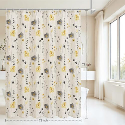 Gibelle Yellow Linen Watercolor Floral Fabric Shower Curtain, 72x72