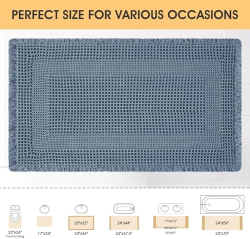 Upgrade Waffle Bath Mat, Boho Bathroom Rugs Absorbent Non Slip, Ultra Soft Bathroom Mat, Machine Washable Knit Bath Rugs with Tassels for Bathroom, Bedroom, Kitchen, Shower, Tub, 36"x24", Blue