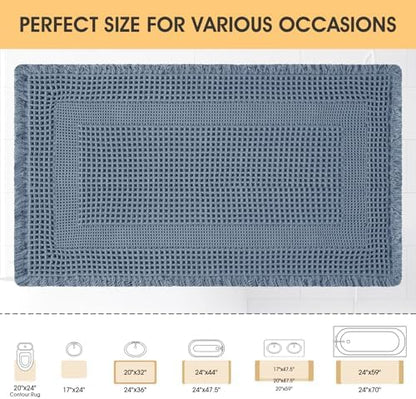 Upgrade Waffle Bath Mat, Boho Bathroom Rugs Absorbent Non Slip, Ultra Soft Bathroom Mat, Machine Washable Knit Bath Rugs with Tassels for Bathroom, Bedroom, Kitchen, Shower, Tub, 36"x24", Blue