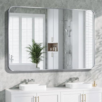 Bathroom Mirror, 30X55 Brushed Black Metal Framed Wall-Mounted Mirror for Over Sink, HD Tempered Glass, Anti-Rust, Rounded Rectangle Mirror for Restroom, Bedroom, Hangs Horizontal or Vertical, Silver