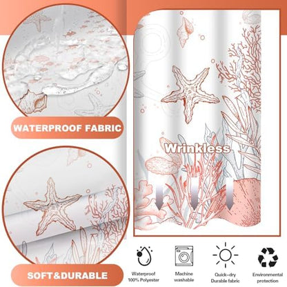 No Hook Shower Curtain and Liner Set, Coral Beach Coastal 71x74
