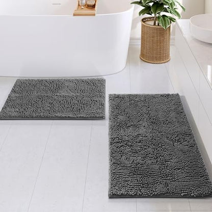 Hearth & Harbor Bathroom Rug Set, 2 Piece Chenille - Grey, Quick Dry, Non-Slip, Machine Washable - Bath Mat Size 17x24, 20x32 inches