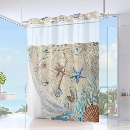 No Hook Shower Curtain and Liner Set, Retro Brown Beach Coastal 71x84