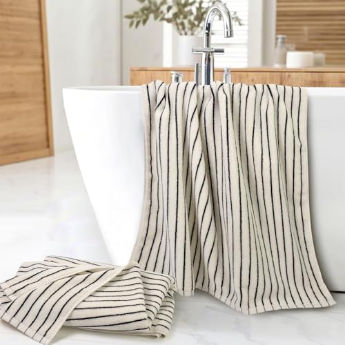 Black and Ivory Striped Bath Towels Set of 2, Lighter & Quick Dry Towels