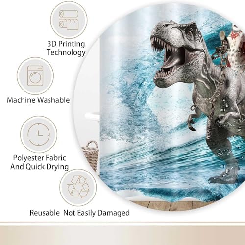 Funny Cat Shower Curtain, Cool Cat Dinosaur Japanese Ocean Wave Shower Curtain, Cat Riding Dinosaur Fun Shower Curtain Nautical Kids Children Rustic Wooden Farmhouse Shower Curtain, 60X70inch, Blue