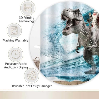 Funny Cat Shower Curtain, Cool Cat Dinosaur Japanese Ocean Wave Shower Curtain, Cat Riding Dinosaur Fun Shower Curtain Nautical Kids Children Rustic Wooden Farmhouse Shower Curtain, 60X70inch, Blue