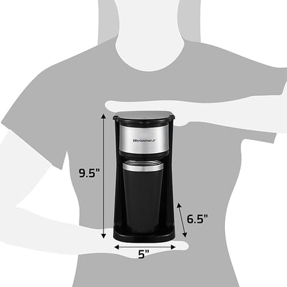 Elite Gourmet EHC112 Personal Single-Serve Compact Coffee Maker Brewer Includes 14Oz. Thermal Travel Mug with Stainless Steel Interior, Compatible with Coffee Grounds, Reusable Filter, Black