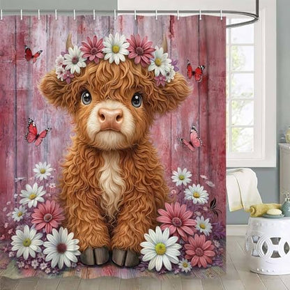 Cute Cow Shower Curtain, Farmhouse Rustic Pink Floral Daisy Highland Cow Shower Curtains for Bathroom, Calf Country Farm Animal Garden Plant Fabric Bathroom Decor with Hooks, 54x72 inch