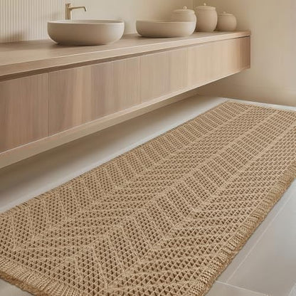 IM HOME Extra Large Waffle Bath Mat, Boho Bathroom Rugs Absorbent Non Slip, Ultra Soft Bathroom Mat, Machine Washable Knit Bath Rugs with Herringbones for Bathroom, Bedroom, Kitchen, 6'x2', Beige