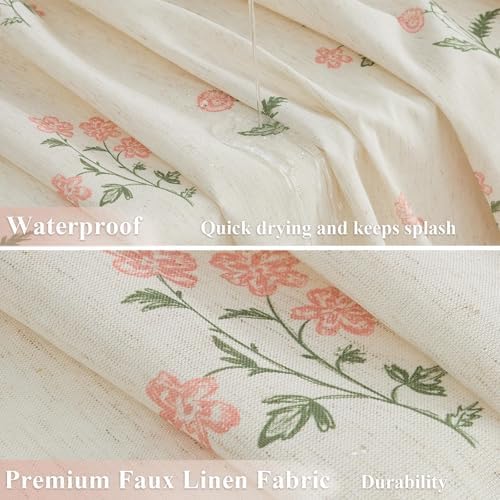 ORTIGIA Linen Shower Curtain Farmhouse Vintage Pink Green Floral Shower Curtains Boho Rustic Block Print Cottagecore Decor for Bathroom 72 W x 72 L