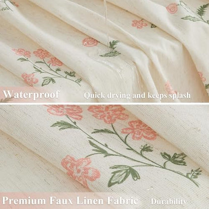 ORTIGIA Linen Shower Curtain Farmhouse Vintage Pink Green Floral Shower Curtains Boho Rustic Block Print Cottagecore Decor for Bathroom 72 W x 72 L