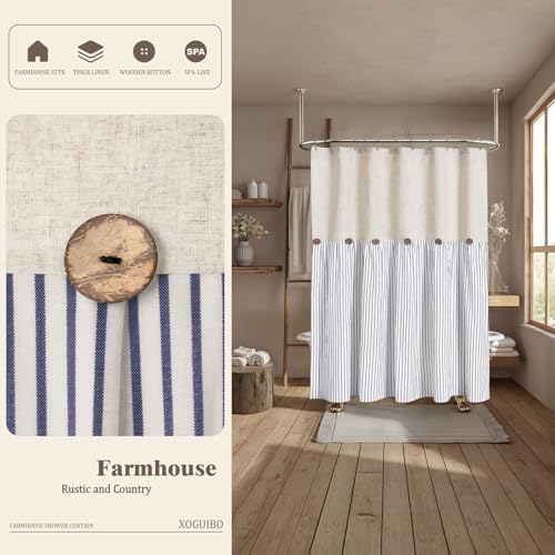 Farmhouse Shower Curtain Linen Button Blue Stripe 72" W x 72" L
