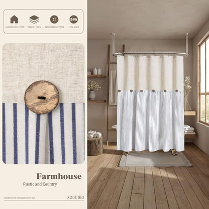 Farmhouse Shower Curtain Linen Button Blue Stripe 72" W x 72" L