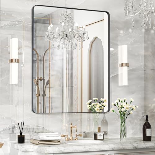 40×30 Black Bathroom Mirror, Rectangular Bathroom Vanity Mirror for Wall with Rounded Corners & Aluminum Alloy Frame, Tempered-Glass, Modern, Farmhouse, Horizontal/Vertical, Entryway, Bedroom