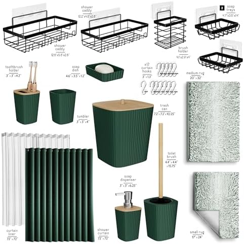 Clara Clark Bathroom Accessories Set - 27PC Bathroom Set with Adhesive Corner Shower Caddy Hanging, Bathroom Sets with Shower Curtain and Rugs, Ombre Green Shower Curtain Set with Bathroom Trash Can