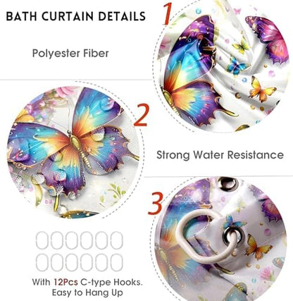 Chrainy 4pcs Colorful Butterfly Shower Cutain Set Bathroom Decor with Rugs