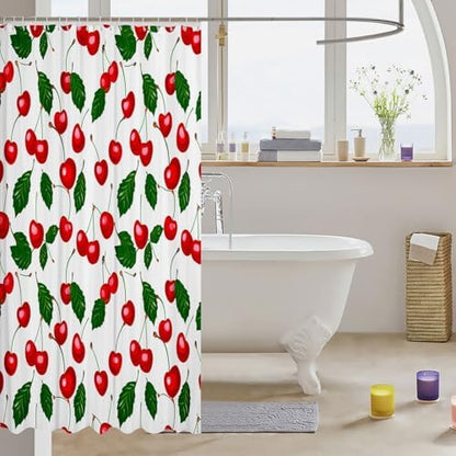 Feelyou Fruit Bathroom Waterproof Accessories with Hooks Cherry Pattern Design Fabric Shower Curtains for Kids Boys Girls Green Garden Shower Curtain Red White,72x84 Inches