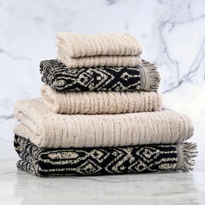 SKL Home CloudSoft/Nador Bath Towel Set-6pc, 100% Cotton, Oatmeal/Black