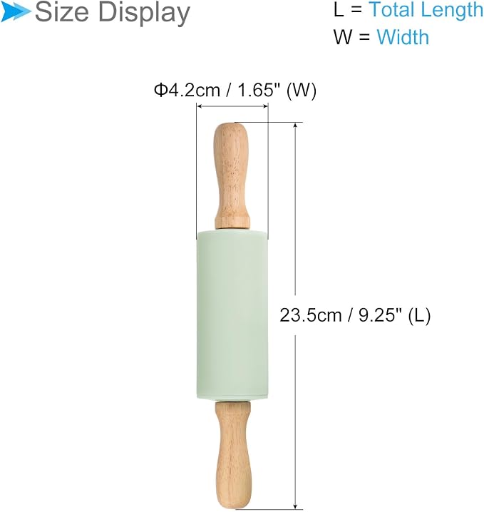 Silicone Rolling Pins, 9.25" Length, Silicone & Oak Non-Stick Ergonomic Wooden Handle Fondant Dough Roller Light Green - (Applications: for Baking DIY Projects)