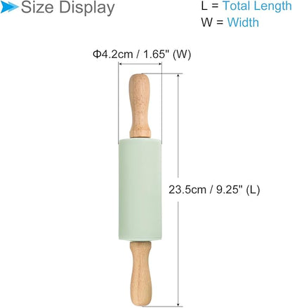 Silicone Rolling Pins, 9.25" Length, Silicone & Oak Non-Stick Ergonomic Wooden Handle Fondant Dough Roller Light Green - (Applications: for Baking DIY Projects)