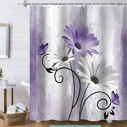 Onalasyc 4PCS Purple Daisy Bathroom Sets with Shower Curtain and Rugs
