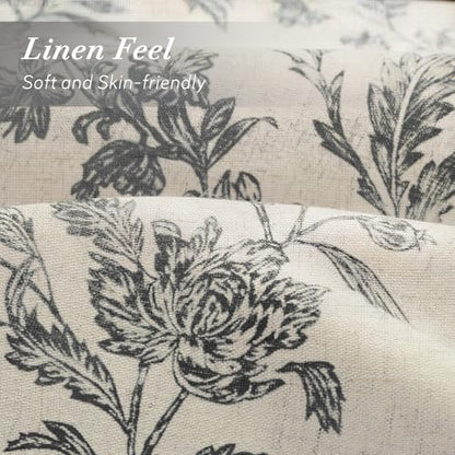Black Floral Shower Curtain,Vintage Linen Beige Cottagecore Shower Curtains for Bathroom, 72" W x 84" L