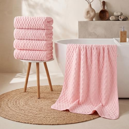 REDKISS 4 Pack Pink Microfiber Bath Towels - Extra Large Waffle Towels Set for Bathroom, Super Absorbent Towel Set of 4 Lagre, Quick Dry Bathroom Towel for Spa, Gym,Travel, Lint Free, Ultra Soft