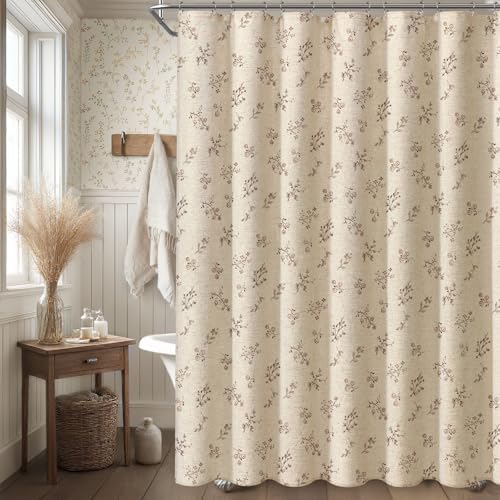 Brown Floral Farmhouse Vintage Linen Shower Curtain French Country 72Wx72H