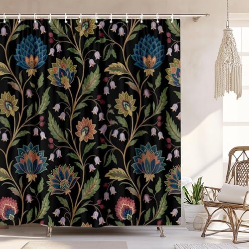 Vintage Floral Shower Curtain for Bathroom, Rustic Farmhouse Black and Teal Sage Green Boho Botanical Shower Curtains, Retro Cottagecore Wildflower Aesthetic Bath Curtain Set with Hooks， 72 x 84 Inch