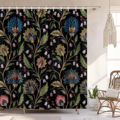 Vintage Floral Shower Curtain for Bathroom, Rustic Farmhouse Black and Teal Sage Green Boho Botanical Shower Curtains, Retro Cottagecore Wildflower Aesthetic Bath Curtain Set with Hooks， 72 x 84 Inch