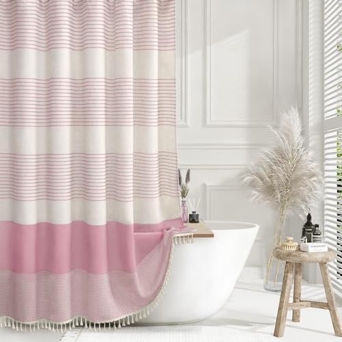 Pink Boho Linen Striped Shower Curtain with Tassel 72" W X 72" L