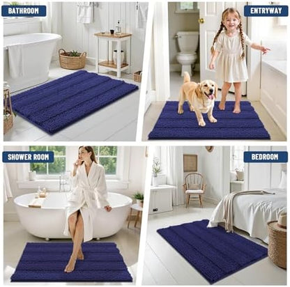 Grandaily Chenille Striped Bathroom Rugs 30x20, Extra Thick and Soft Absorbent Bath Mats, Rubber Backing, Plush Shaggy Shower Carpet, Machine Wash Dry, Bath Rug for Bathroom, Twilight Sapphire
