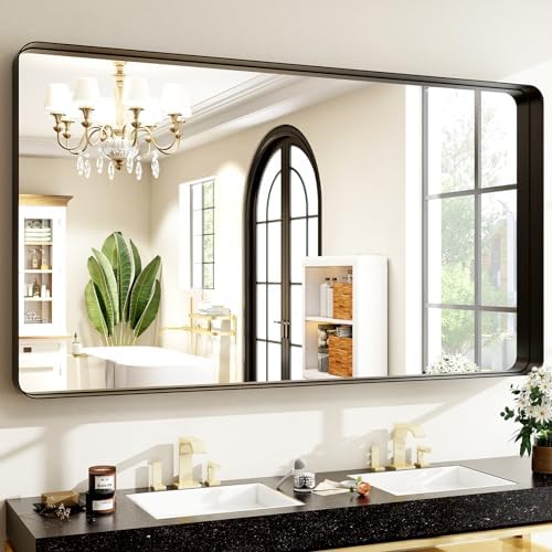 Easly 48"x30" Black Bathroom Mirror - Modern Black Mirror for Wall with Rounded Corners, Bathroom Mirrors for Vanity, Aluminum Alloy Framed Mirror Portrait or Landscape Hang