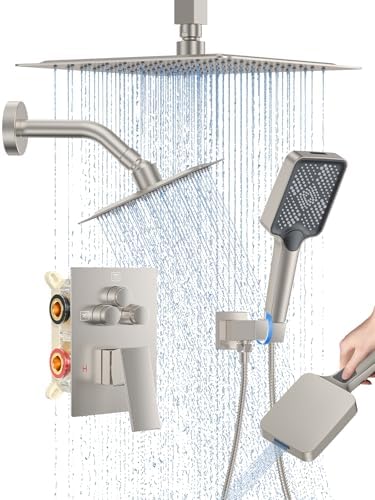 Woindo Shower Faucet Set, 10" Ceiling Mount Rainfall Shower System with 2 Rain Shower Head and Multi-function Handheld Head Push Button Diverter Shower Faucet Trim Kit
