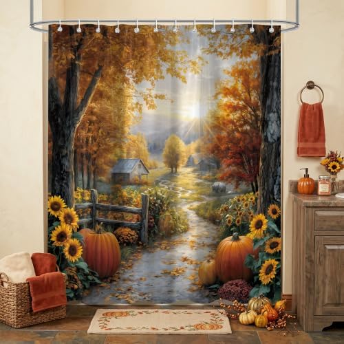 Autumn Country Road Shower Curtain, 72 x 84 Inch Fall Landscape Bathroom Curtain with Pumpkins, Sunflowers, Trees and Farmhouse Path Decor