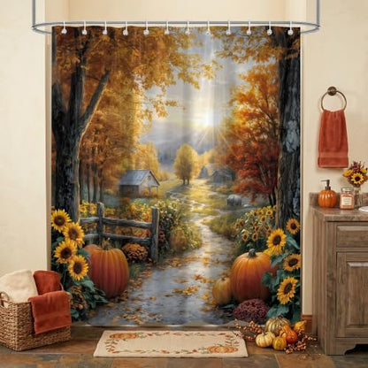 Autumn Country Road Shower Curtain, 72 x 84 Inch Fall Landscape Bathroom Curtain with Pumpkins, Sunflowers, Trees and Farmhouse Path Decor
